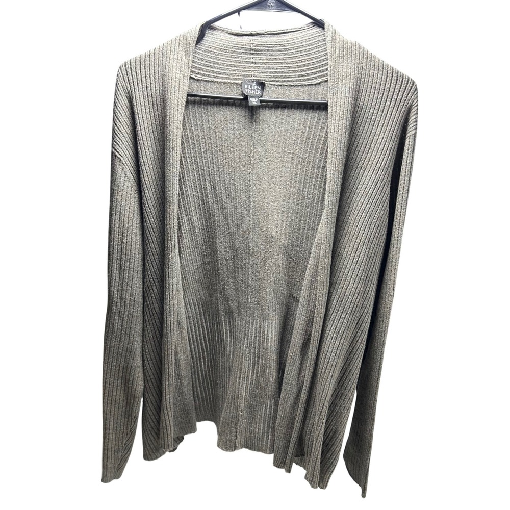 Eileen Fisher Cardigan Womens XL Grey Ribbed Knit 100% Cotton Open Front Sweater - Picture 2 of 8